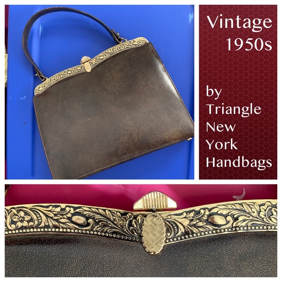 Vintage 50s Brown Leather Boxed Handbag - Picture 1 of 13